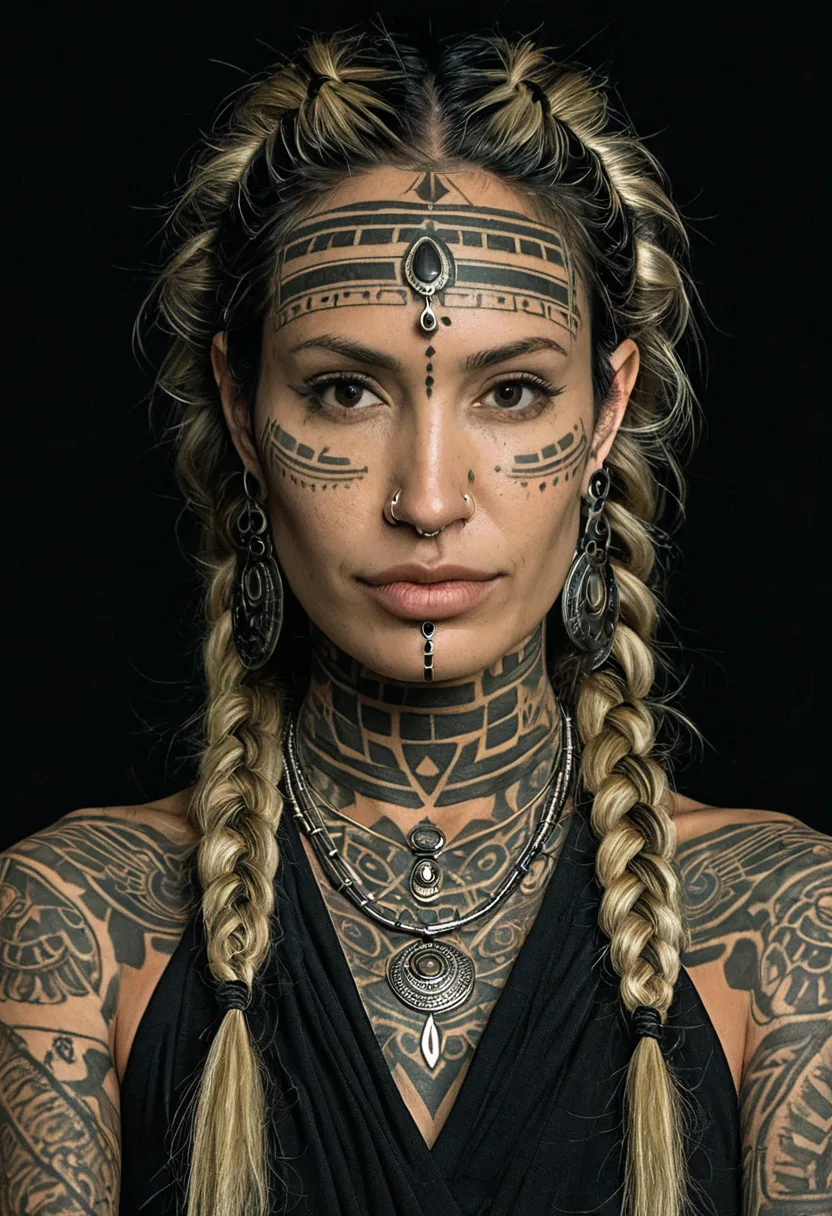 angelinaai, braided hairvery, (important incas tattoos on face:1.3), (septum piercing:1.3), professional studio, darkess ambiant, black background, rembrandt light and glow, medium shot 50mm, symetric, ultrarealistic, fully clothed, dressed