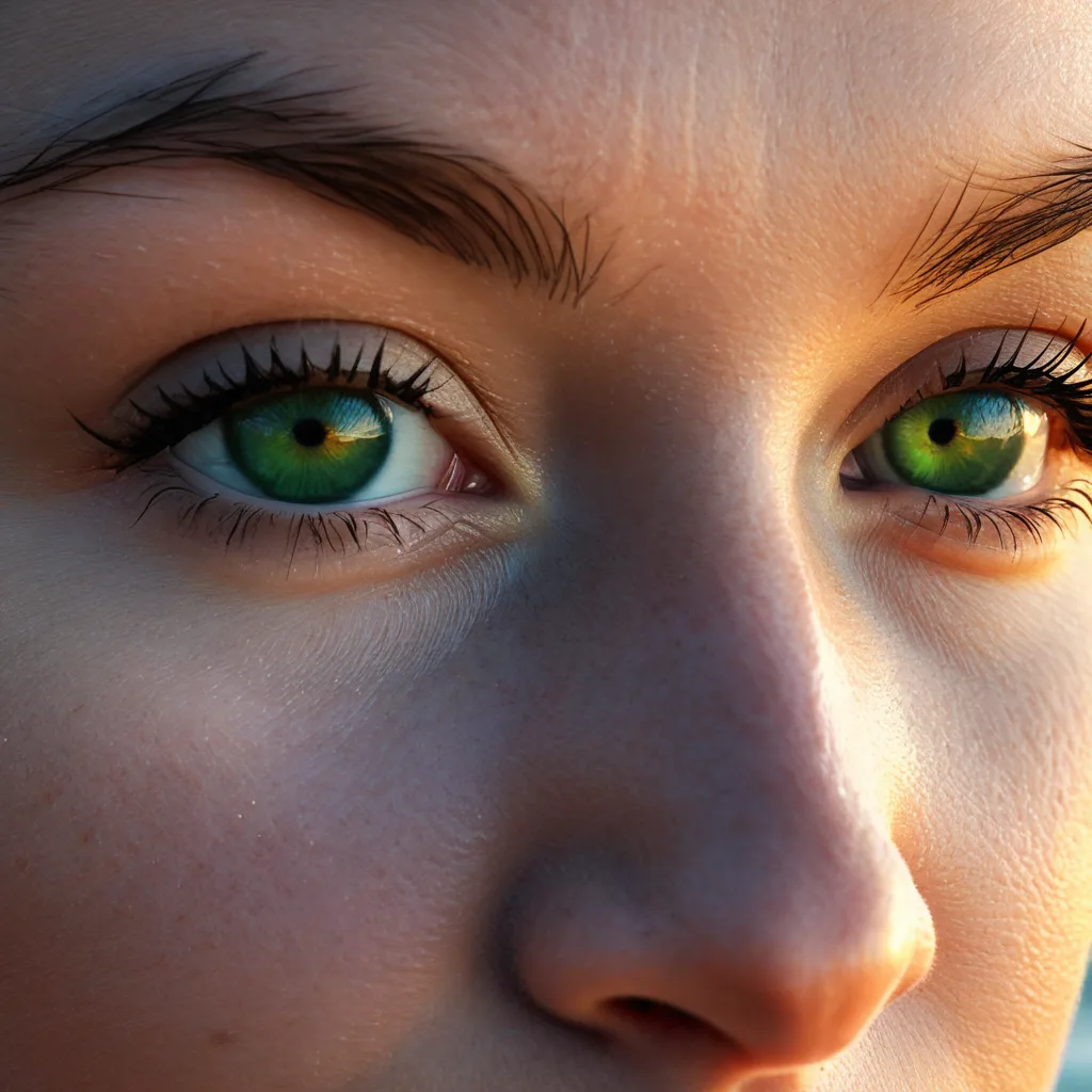 extreme close-up shot, a beautiful woman at beach, rembrandt light, sunset ambiant, perfect realistic skin, sharp detailed, vivid green eyes, perfect eyes