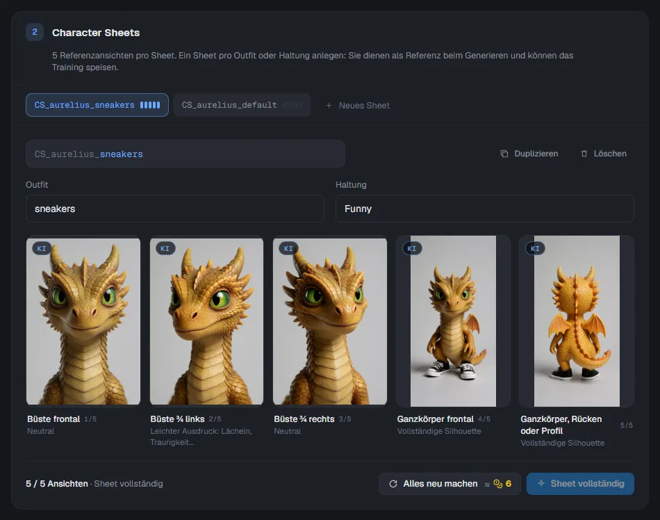 Ein Charakter mit zwei Character Sheets, eines pro Outfit, mit den Feldern Outfit und Haltung