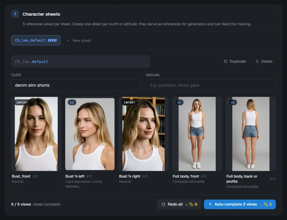 Leas profil, afsnittet Character sheets, med dens fem udfyldte visninger