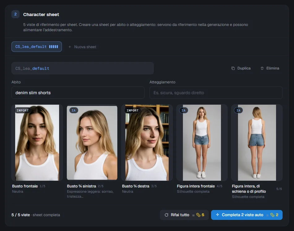 Il profilo di Lea, sezione Character sheet, con le cinque viste compilate
