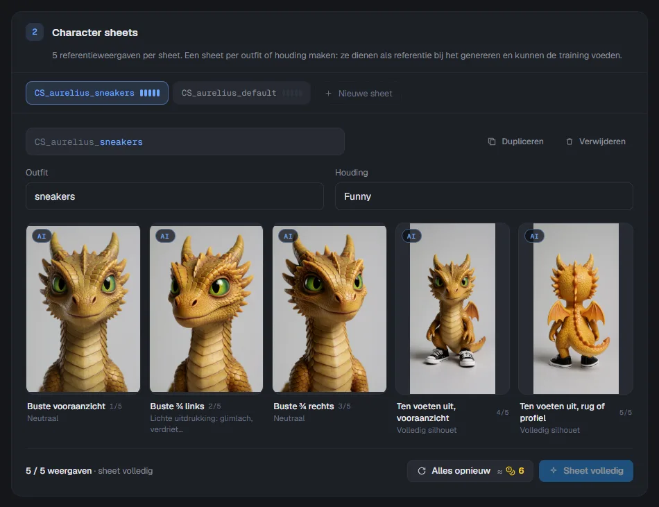 Een personage met twee character sheets, één per outfit, met de velden Outfit en Houding