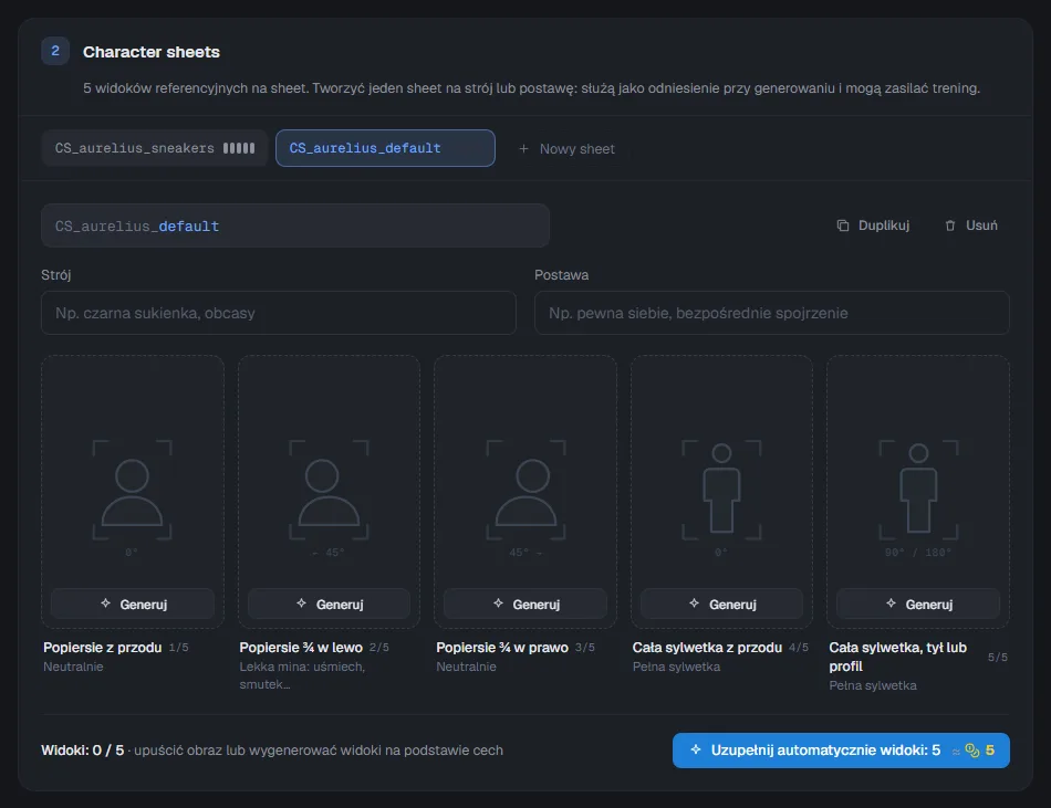 Niekompletny character sheet z przyciskiem uzupełniającym brakujące ujęcia i jego ceną