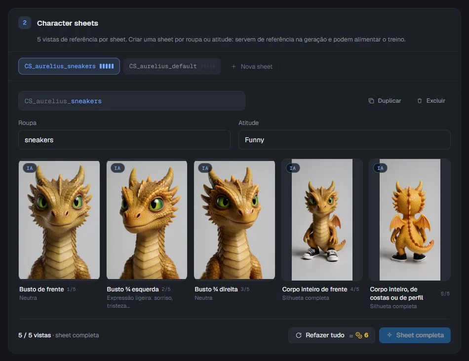 Uma personagem com duas character sheets, uma por roupa, com os campos Roupa e Atitude