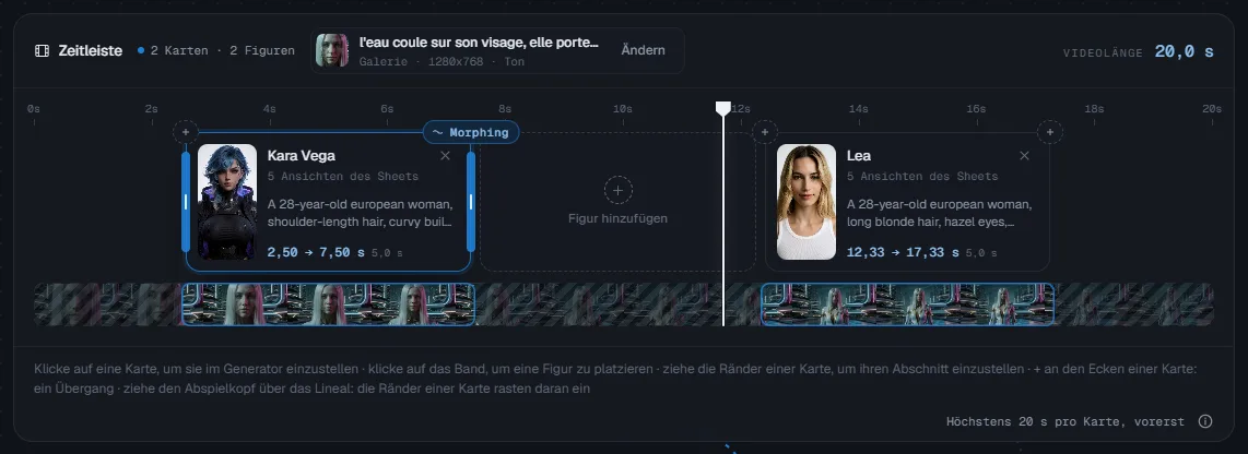 Die Zeitleiste: zwei Karten, ein Übergang zwischen ihnen, der Abspielkopf