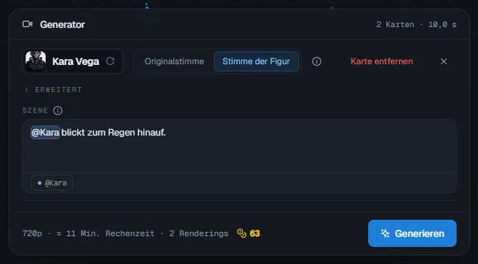 Eine eingerichtete Karte: Charakter, Sheet, Stimme, Szene mit der @Erwähnung