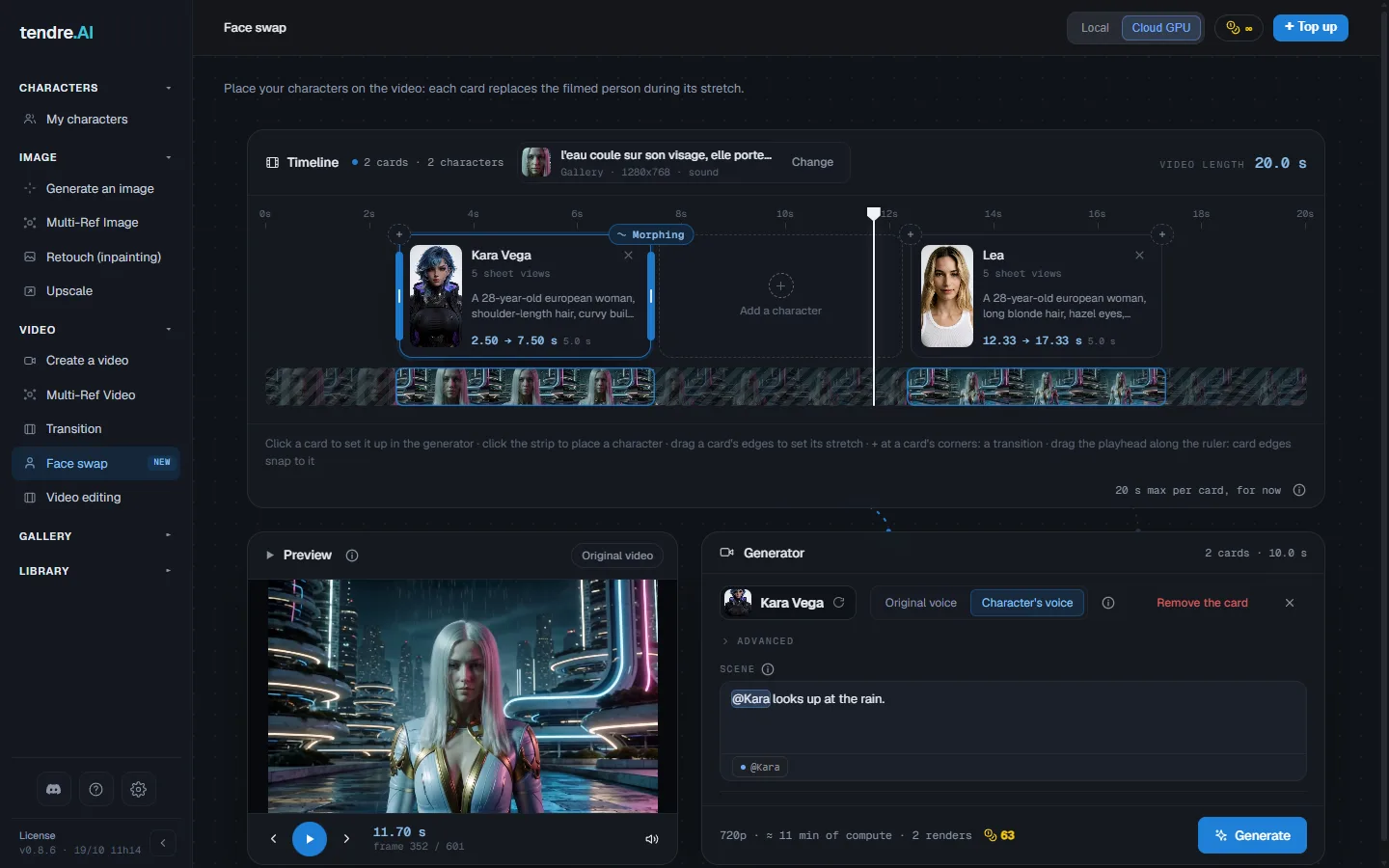 Face swap: a video, two cards on the timeline, one card set up in the generator