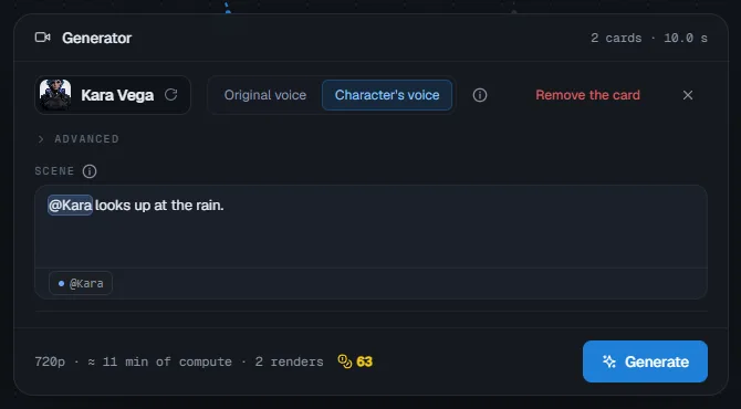 A card set up: character, sheet, voice, scene with the @mention