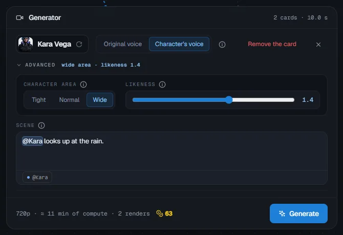 The advanced settings open: character area and likeness