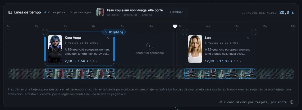 La línea de tiempo: dos tarjetas, una transición entre ellas, el cabezal de reproducción
