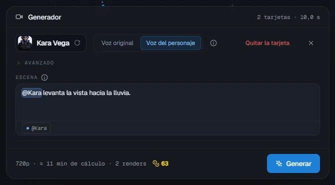 Una tarjeta configurada: personaje, sheet, voz, escena con la @mención