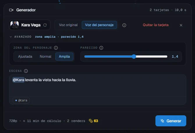 Los ajustes avanzados abiertos: zona del personaje y parecido