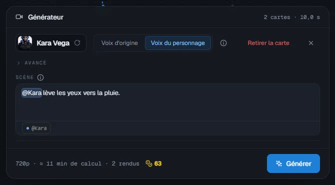 Une carte réglée : personnage, sheet, voix, scène avec la @mention