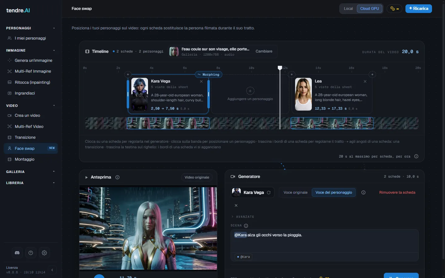 Face swap: un video, due schede sulla timeline, una scheda configurata nel generatore