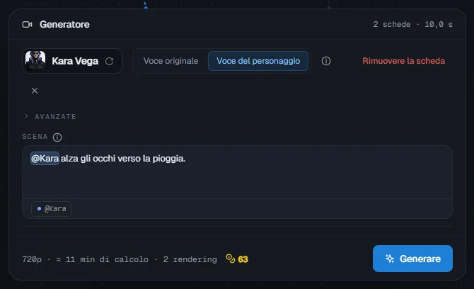 Una scheda configurata: personaggio, sheet, voce, scena con la @menzione