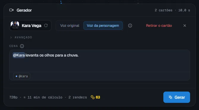 Um cartão configurado: personagem, sheet, voz, cena com a @menção