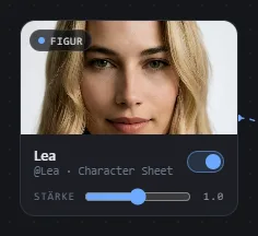 Eine Referenzkarte in der Nahansicht, mit ihrem Stärke-Regler und ihrem Character-Sheet-Label