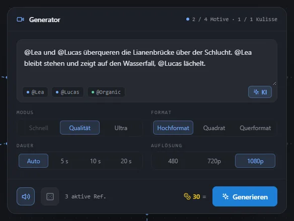 Multi-Ref Video Einstellungen: Modus, Format, Dauer, Auflösung, Ton, Seed und Preis