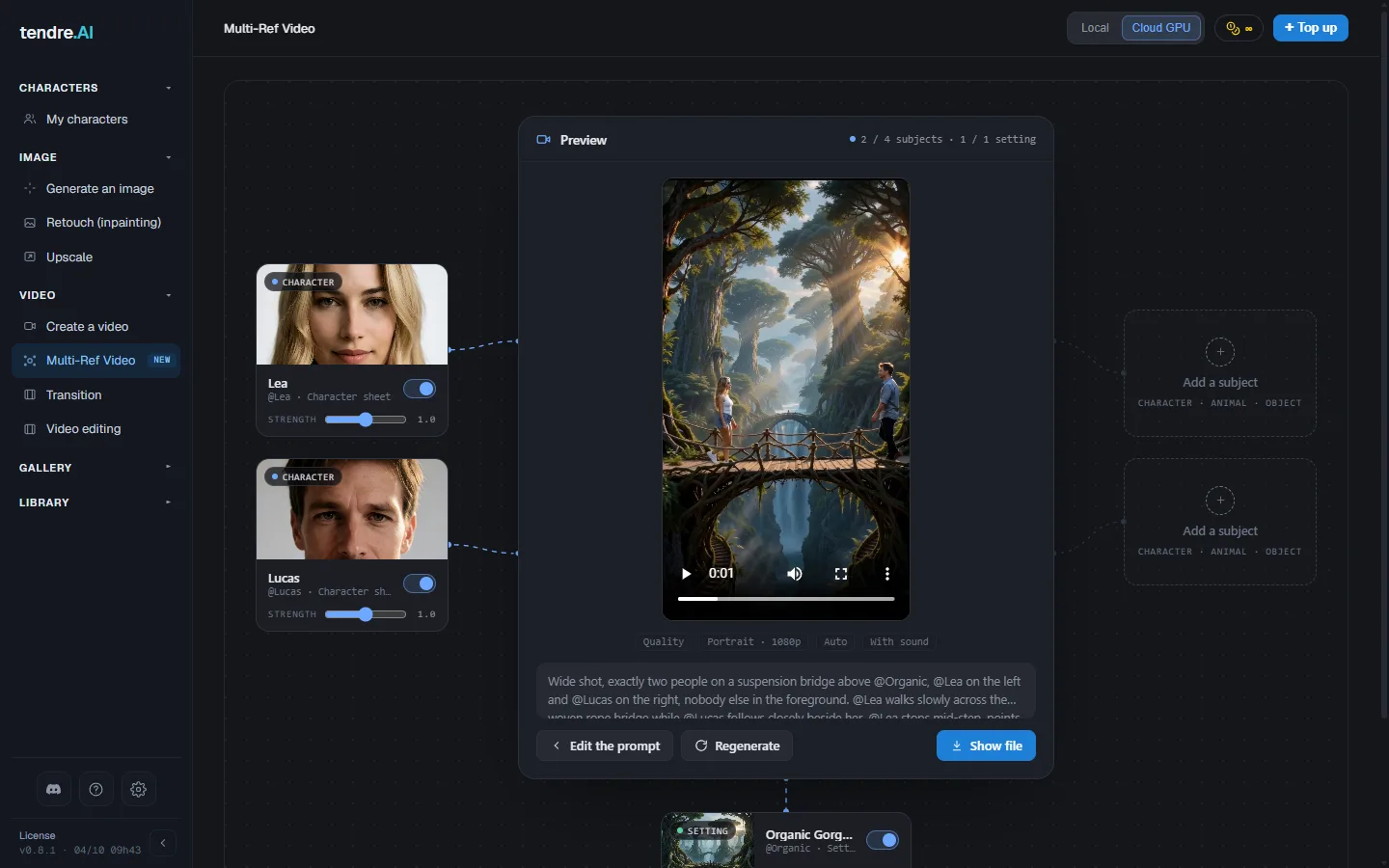Forhåndsvisning af det færdige klip med Edit the prompt, Regenerate og Show file