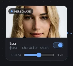 Una tarjeta de referencia de cerca, con su control deslizante de Fuerza y su etiqueta Character sheet