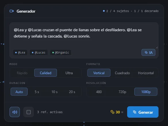 Ajustes de Multi-Ref Vídeo: modo, formato, duración, resolución, sonido, seed y precio