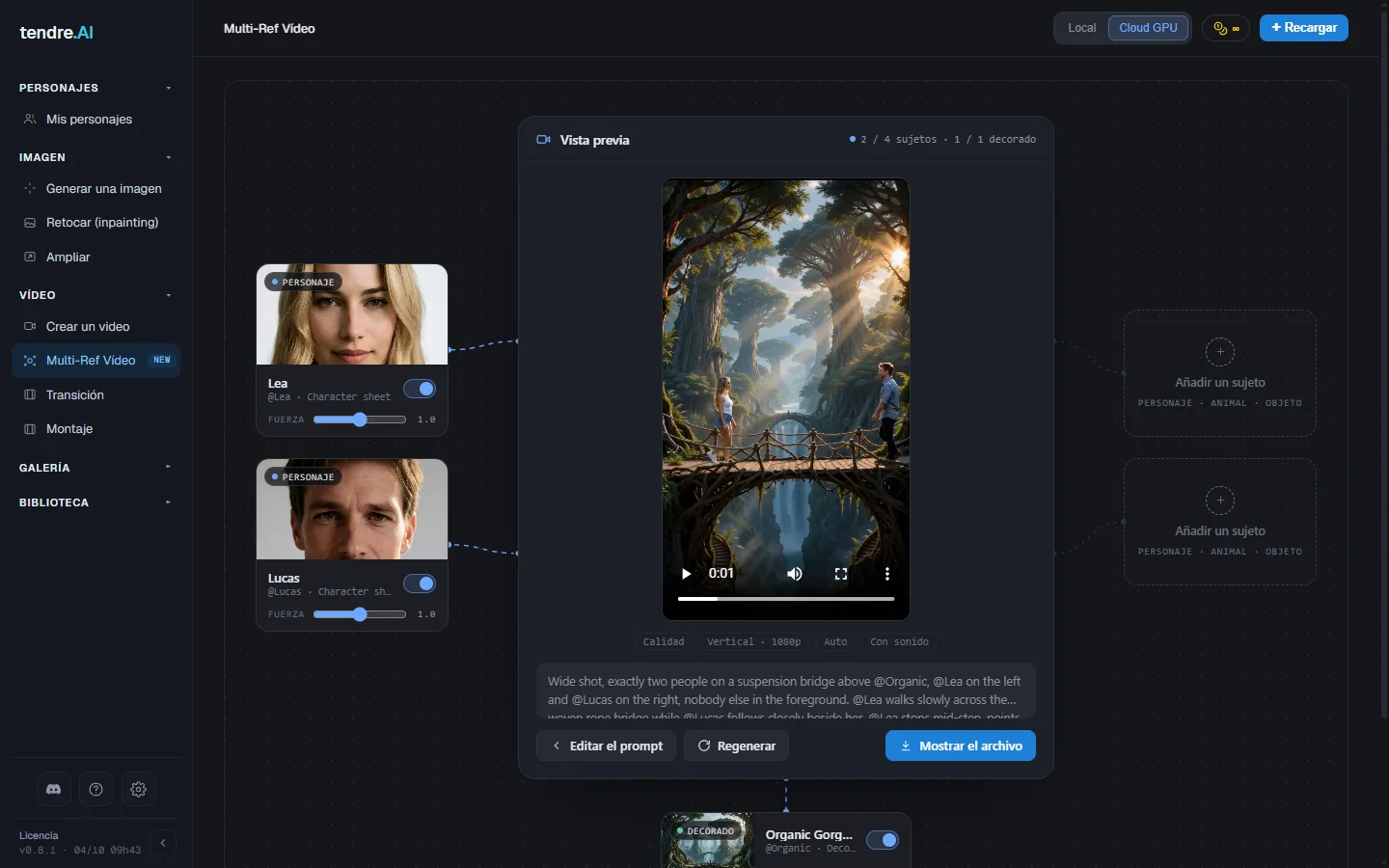 La previsualización del clip terminado, con Editar el prompt, Regenerar y Mostrar archivo