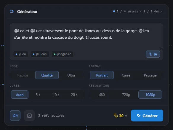 Les réglages de Multi-Ref Vidéo : mode, format, durée, résolution, son, seed et prix