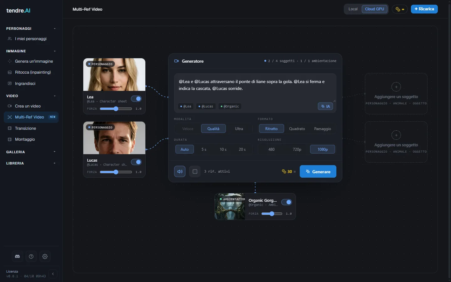 Multi-Ref Video con Lea e Lucas collegati, un'ambientazione e una scena che menziona @Lea e @Lucas