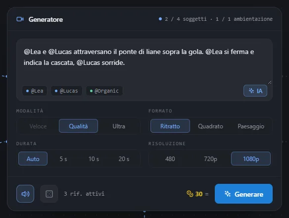 Impostazioni di Multi-Ref Video: modalità, formato, durata, risoluzione, suono, seed e prezzo