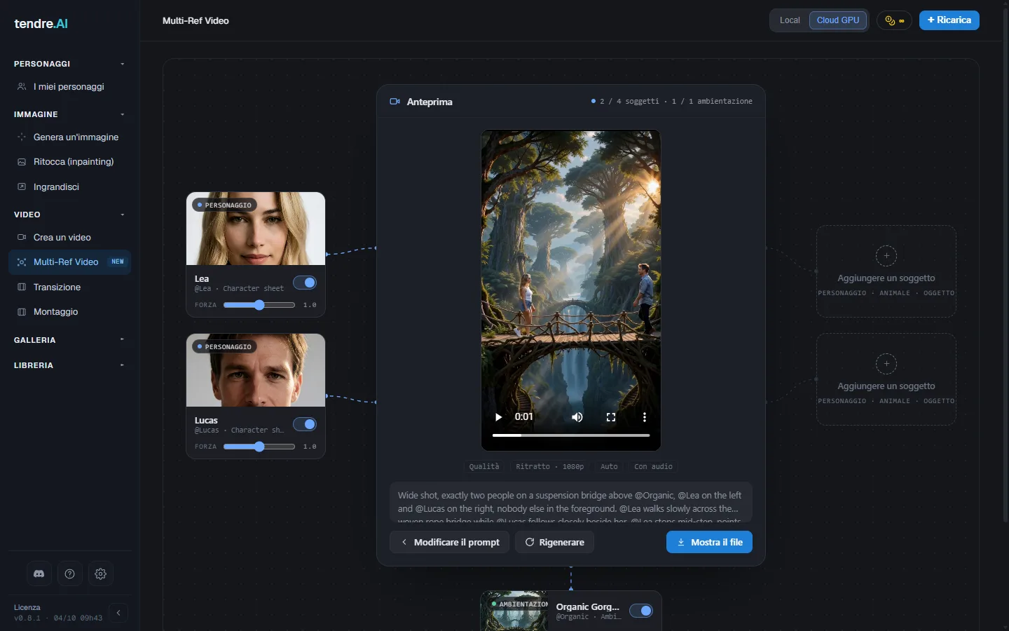L'anteprima del clip completato, con Modifica il prompt, Rigenera e Mostra file