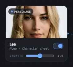 Een referentiekaart van dichtbij, met de Sterkte-schuifregelaar en het label Character sheet