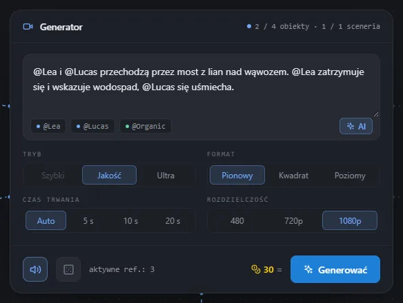 Ustawienia Multi-Ref Wideo: tryb, format, czas trwania, rozdzielczość, dźwięk, seed i cena