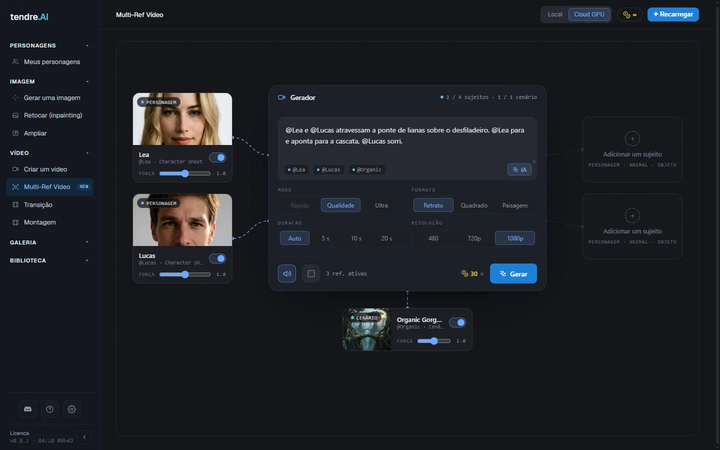 Multi-Ref Vídeo com Lea e Lucas ligados, um cenário e uma cena que menciona @Lea e @Lucas