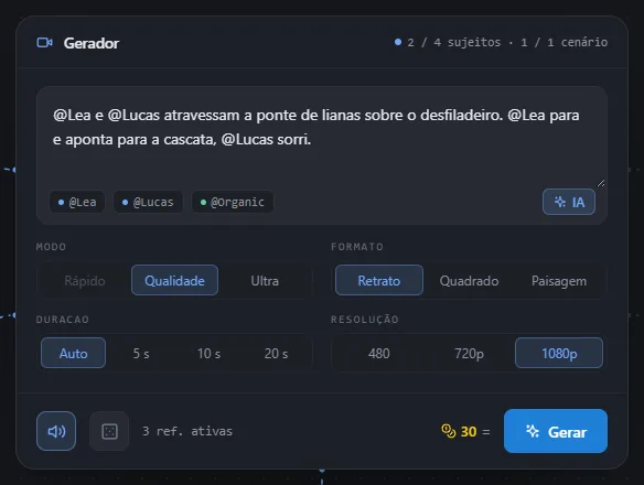 Configurações do Multi-Ref Vídeo: modo, formato, duração, resolução, som, seed e preço