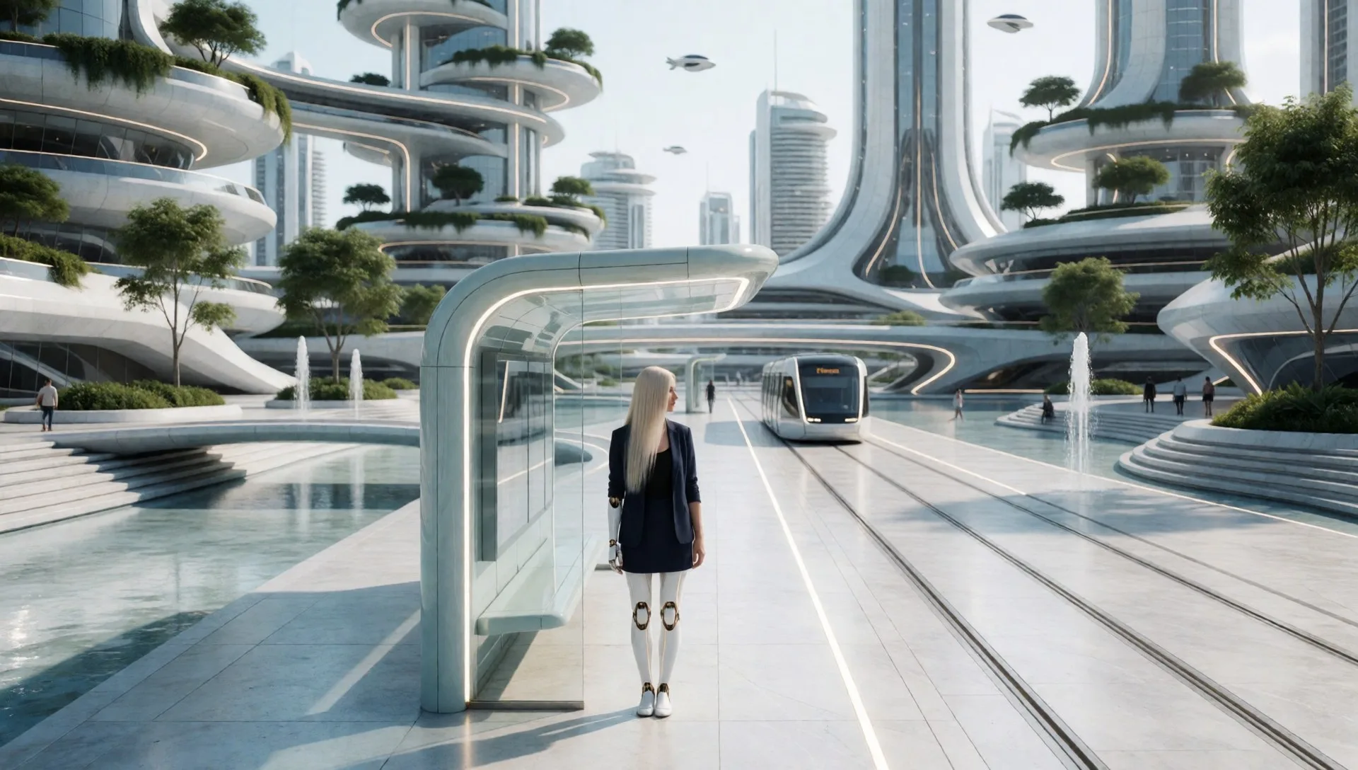 Kirkas, autoton futuristinen kaupunki valkoisine torneineen, riippuvine puutarhoineen, kanavineen ja suihkulähteineen. Nainen odottaa lasikatoksessa valkoisen raitiovaunun saapumista.